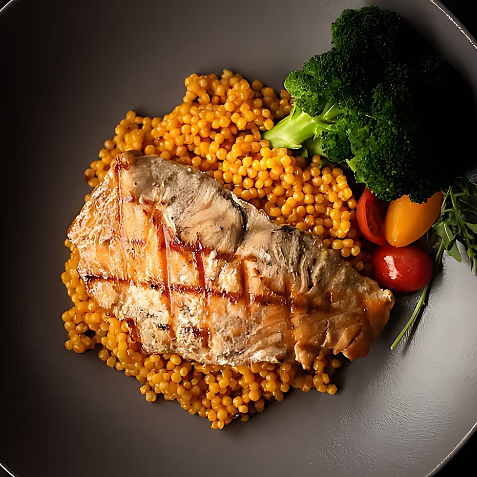 Grilled salmon with couscous, broccoli, and cherry tomatoes on a dark plate at Mickey's Downtown Bistro.