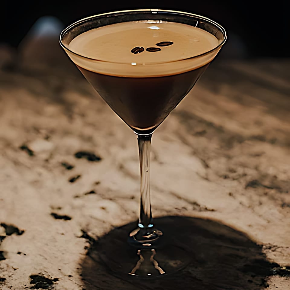 Espresso martini with coffee beans on top, reflecting on a marble surface at Mickey's Downtown Bistro.