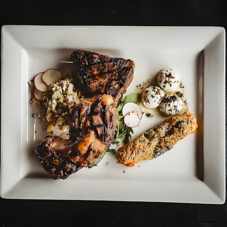 Grilled meat, possibly lamb or pork, with a side of salad, cheese balls, and a pastry.
