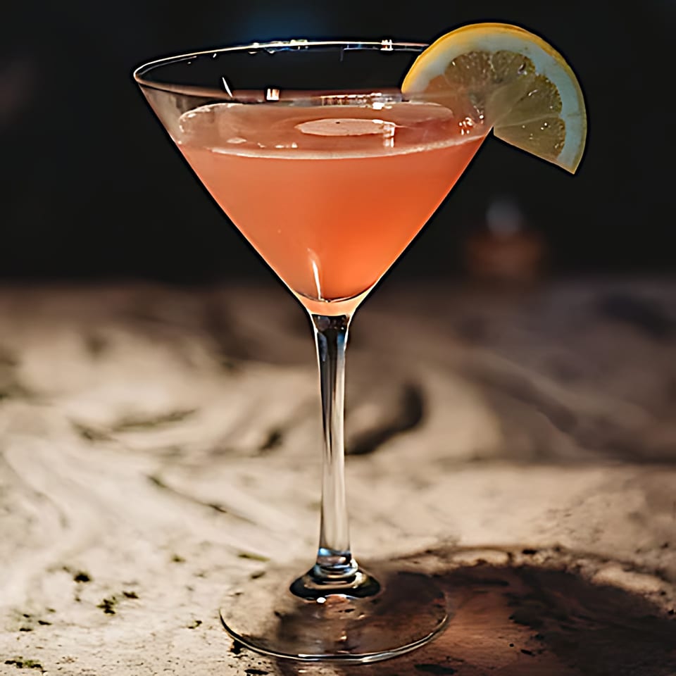 A pink cocktail in a martini glass, garnished with a lemon slice, on a marble surface.