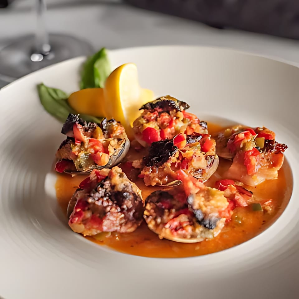 Bistro-style stuffed mushrooms with tomato, herbs, and lemon on a white plate.