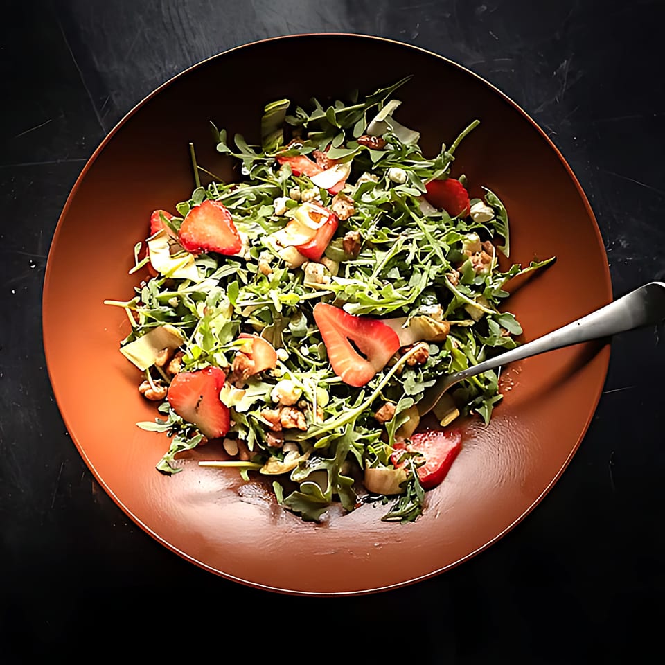 A vibrant bistro salad with arugula, strawberries, nuts, and cheese on a brown plate with a fork.